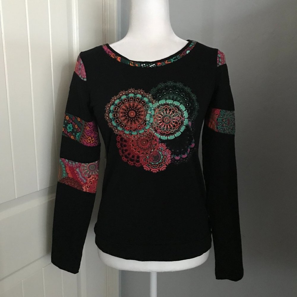 Coline Scoop Neck Long Sleeve Black w/ Multi-Colored Trim Boho Cotton/Elastane S